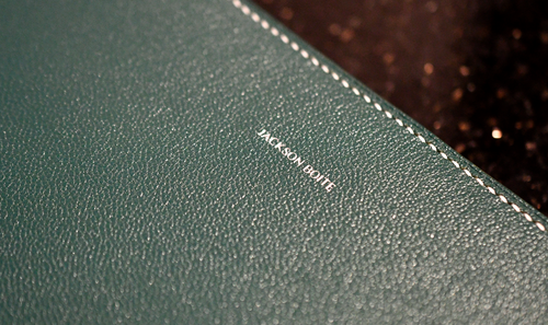 Jackson Boite silver embossing and saddle stitching on Alran Sully Sapin leather small pouch